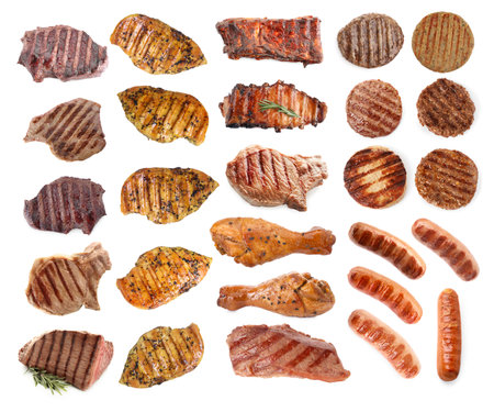 Grilled meat and sausages isolated on white, setの写真素材