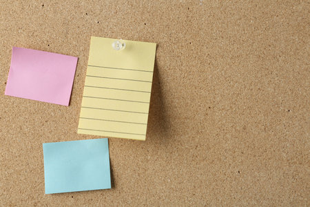 Blank colorful notes pinned on cork board, space for text