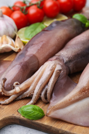 Fresh raw squids, tomatoes, basil and garlic on table, closeup