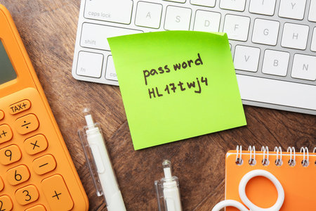 Sticky note with password, keyboard and stationery on wooden desk, flat layの写真素材