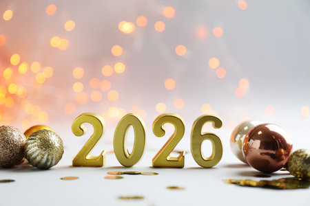 New 2026 Year. Golden numbers, confetti and shiny baubles on light background with blurred lights....
