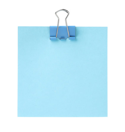 Blank paper note with blinder clip isolated on whiteの写真素材