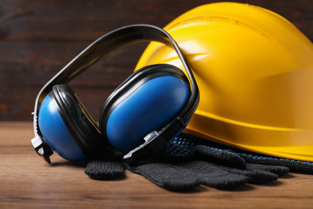 Different safety equipment on wooden table, closeupの写真素材