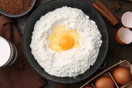 Ingredients for dough on wooden table, flat layの写真素材