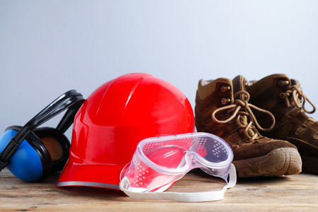 Different safety equipment on wooden table against light backgroundの写真素材