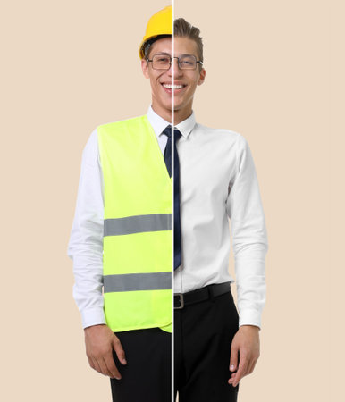 Choice of profession. Combined portrait of young man as engineer and as businessperson. Collage on...