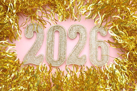 New 2026 Year. Golden numbers and shiny tinsel on pink background, flat lay