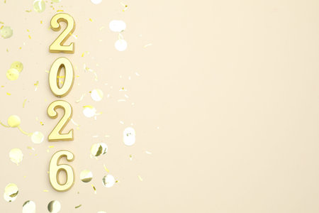 New 2026 Year. Golden numbers and confetti on beige background, flat lay. Space for text