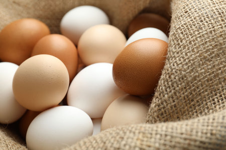 Many raw chicken eggs in sack, closeupの写真素材