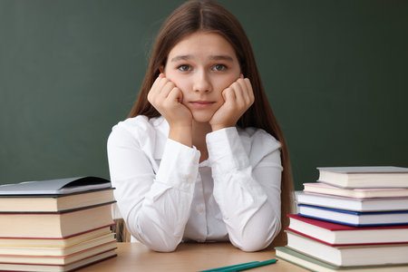 Back to school. Sad student with books at wooden desk against chalkboard indoorsの写真素材