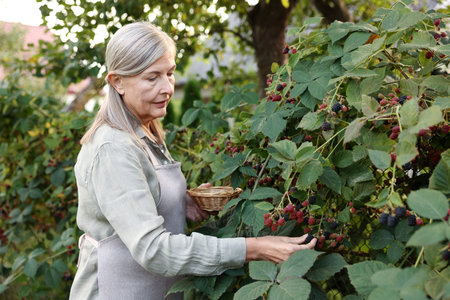 Senior woman picking ripe blackberries from bush in garden