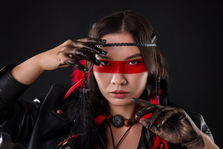 Shaman woman with face painting on black background