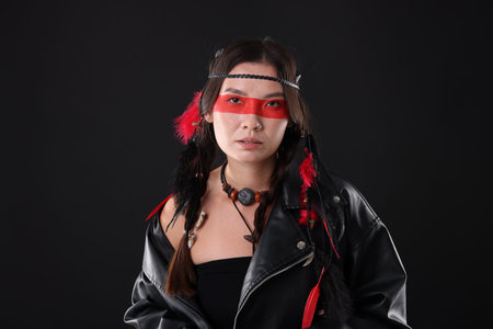 Shaman woman with face painting on black background