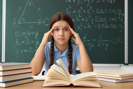 Back to school. Sad student with books at wooden desk against chalkboard with math assignment indoorsの写真素材