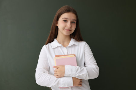 Back to school. Student with books near chalkboard indoorsの写真素材