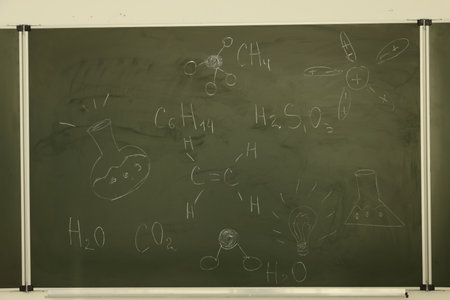 Back to school. Chalkboard with chemical formulas on wall indoorsの写真素材