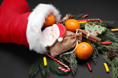 Boot with treats and fir tree branches on black background, closeupの写真素材