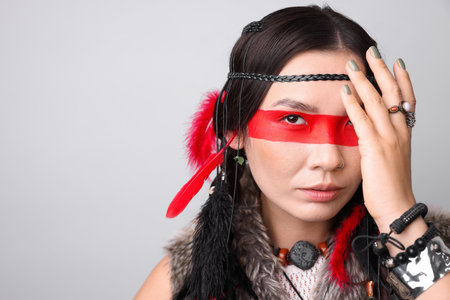 Shaman woman with face painting on light gray background, space for textの写真素材
