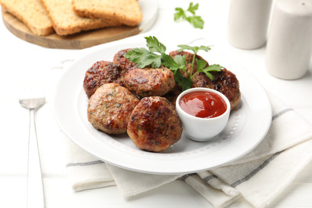 Delicious patties with parsley and ketchup on white wooden table, closeup