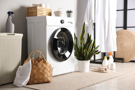 Laundry room with modern washing machine, detergents and houseplants. Interior designの写真素材