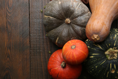 Many fresh pumpkins and seeds on wooden table, flat lay with space for text. Gourd familyの写真素材