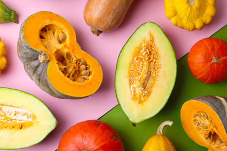 Many fresh pumpkins and other gourds on color background, flat lay