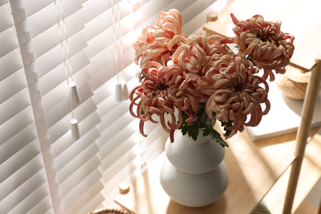 Beautiful pink chrysanthemum flowers in vase on wooden shelf indoors, space for textの写真素材