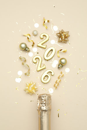 New 2026 Year. Golden numbers, shiny baubles, confetti and bottle of sparkling wine on beige background, flat layの写真素材