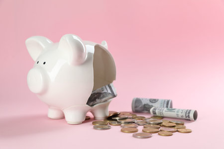 Financial savings. Broken piggy bank with dollar banknotes and coins on pink backgroundの写真素材