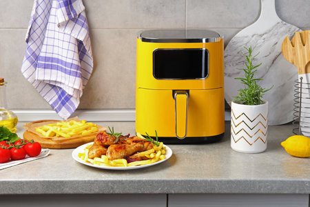 Grilled chicken drumsticks with French fries, ingredients on gray countertopの写真素材
