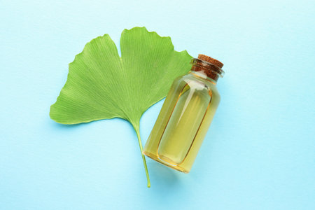 Ginkgo biloba leaf and essence on light blue background, top viewの写真素材