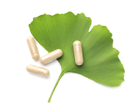 Ginkgo biloba leaf and pills isolated on white, top viewの写真素材