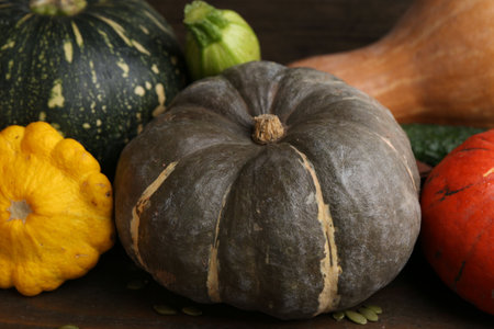 Many fresh pumpkins, seeds and other vegetables of gourd family on wooden table, closeupの写真素材