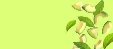 Fresh avocado slices and leaves falling on light green background. Banner design with space for text