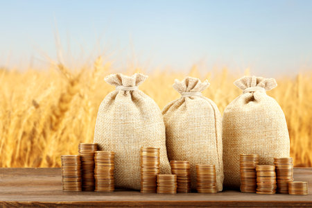 Agricultural production profit. Money bags and coins against wheat fieldの写真素材