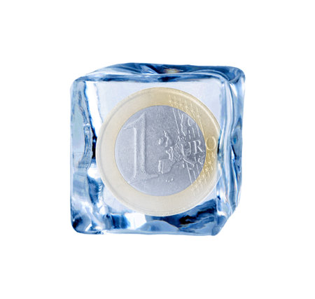 One coin in ice on white background. Frozen moneyの写真素材