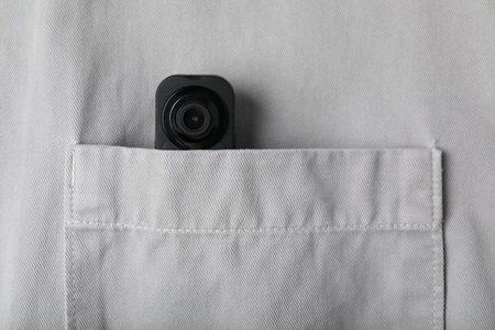 Modern hidden spy camera in pocket on light gray shirt, closeupの写真素材