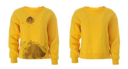 Dry-cleaning service. Dirty and clean sweater on white background, collage before and afterの写真素材