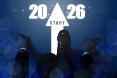 Businessman in starting position in front of arrow with word Start, top view. Ready for New Year...