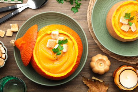 Tasty pumpkin cream soup with parsley and croutons served in pumpkin on wooden table, flat layの写真素材