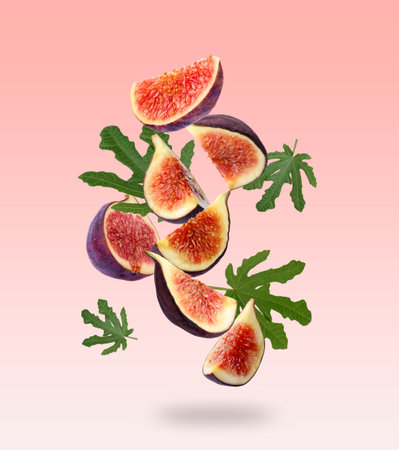 Fresh figs and green leaves falling on pink gradient backgroundの写真素材