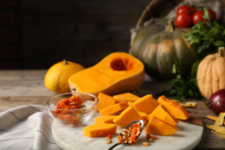 Fresh pumpkins, seeds, peels and ingredients on wooden table, closeupの写真素材
