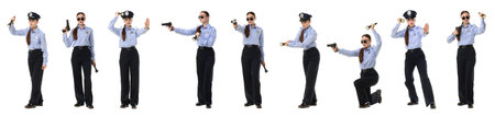 Policewoman in uniform on white background. Collage of different portraits