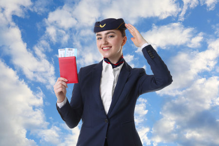 Happy stewardess holding passport with tickets against skyの写真素材