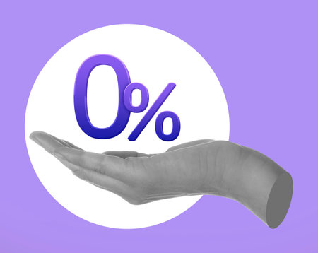 0 percent sign in female hand against violet background. Zero commissionの写真素材