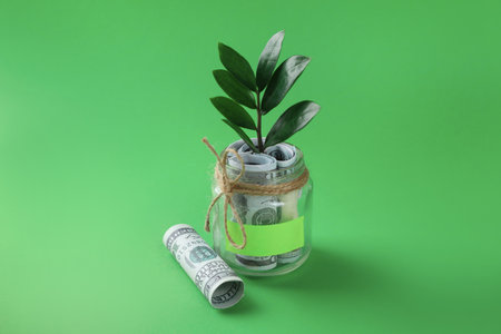Jar with blank note, money and sprout on green backgroundの写真素材