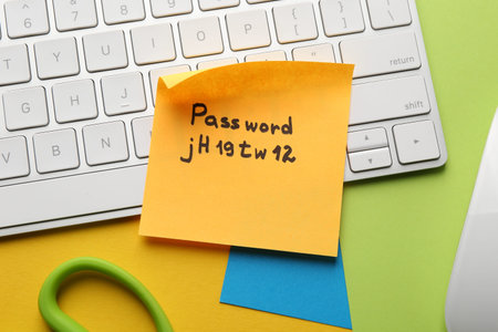 Sticky note with password, keyboard and stationery on yellow background, flat lay