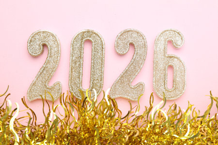 New 2026 Year. Golden numbers and shiny tinsel on pink background, flat lay