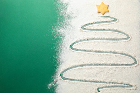Christmas tree shape made with flour and cookies on green background, top view. Space for textの写真素材