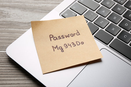 Paper note with password and laptop on wooden table, closeupの写真素材